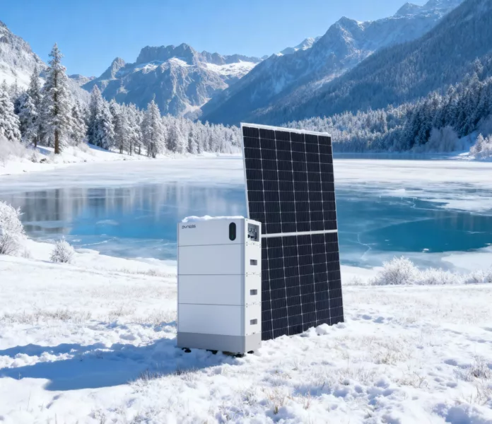 Haus der Energie Photovoltaik Basis im Winter Haus der Energie Photovoltaikpanel mit Batteriespeicher vor zugefrorenem Bergsee in verschneiter Winterlandschaft.