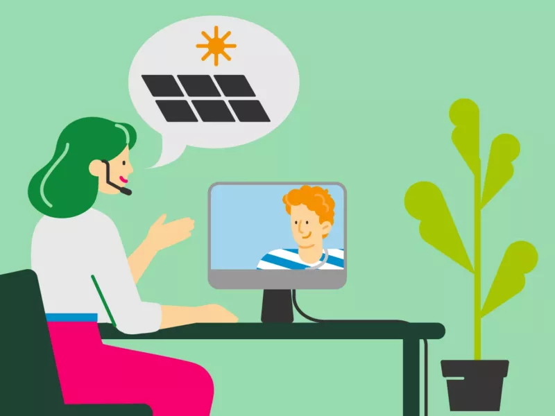 Haus der Energie – Photovoltaik-Beratung Illustration einer Online-Beratung zu Photovoltaik mit Laptop und Fachberater von Haus der Energie