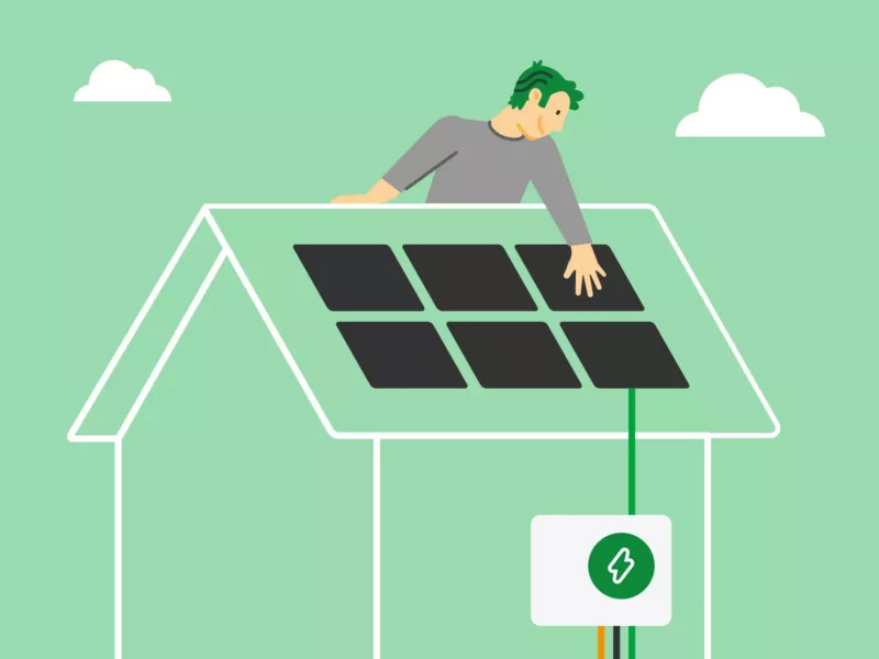 PV-03_INSTALLATION-3zu4 Illustration: Handwerker installiert Photovoltaik von Haus der Energie auf einem Hausdach