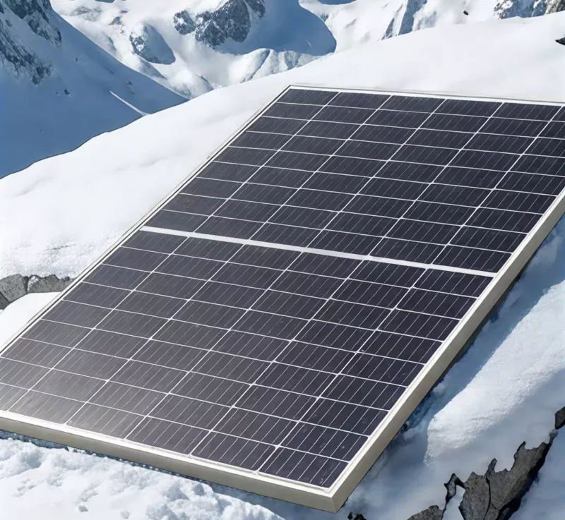 Solarmodul im Schnee vor Berglandschaft als Symbol für das Haus der Energie