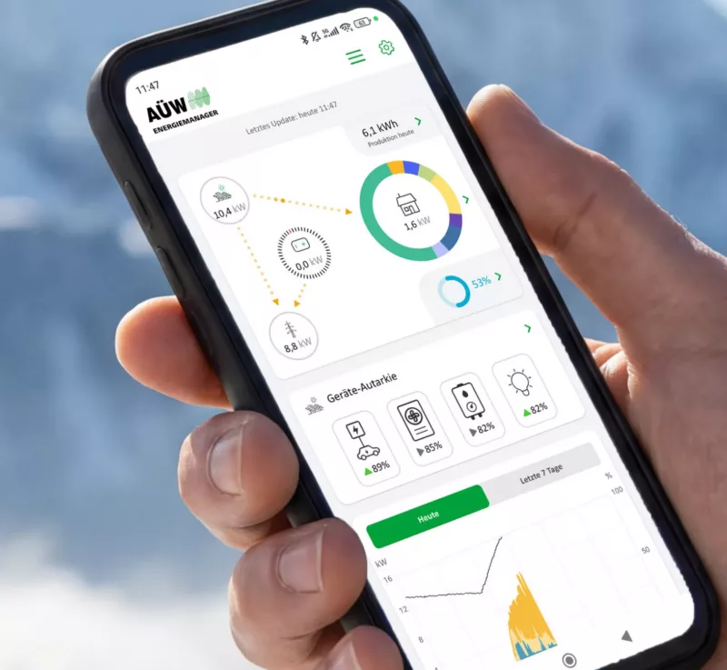 Haus der Energie – Energiemanager im Einsatz Smartphone mit Energiemanager-App von Haus der Energie zur Überwachung von Produktion, Verbrauch und Speicher