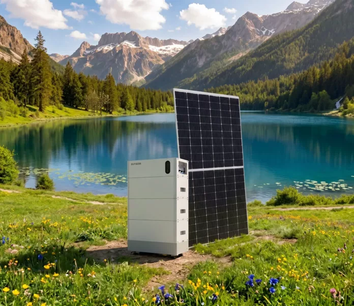 Haus der Energie Photovoltaikmodul mit leistungsstarkem Batteriespeicher in blühender Frühjahrslandschaft vor Bergkulisse.