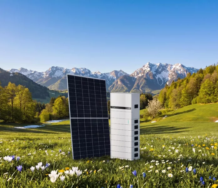 Haus der Energie Photovoltaikmodul mit leistungsstarkem Batteriespeicher in blühender Frühjahrslandschaft vor Bergkulisse.