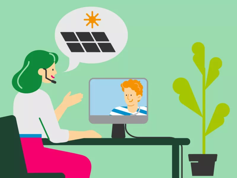 Illustration einer Online-Beratung zu Photovoltaik mit Laptop und Fachberater von Haus der Energie