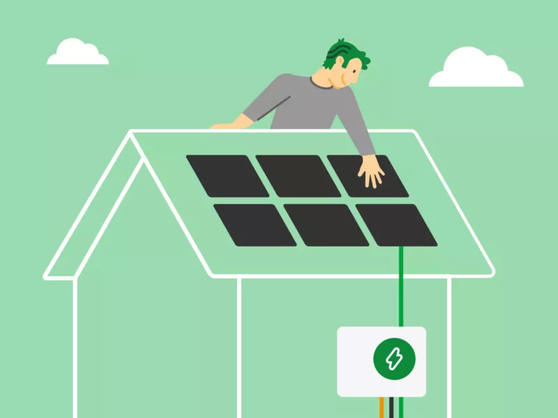 Illustration: Handwerker installiert Photovoltaik von Haus der Energie auf einem Hausdach