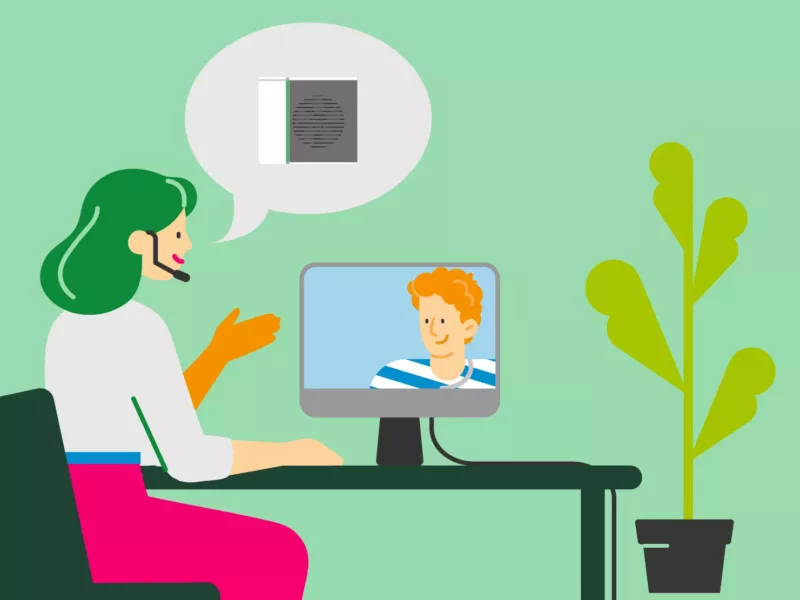 Illustration einer Online-Beratung zur Wärmepumpe mit Laptop und Fachberater von Haus der Energie