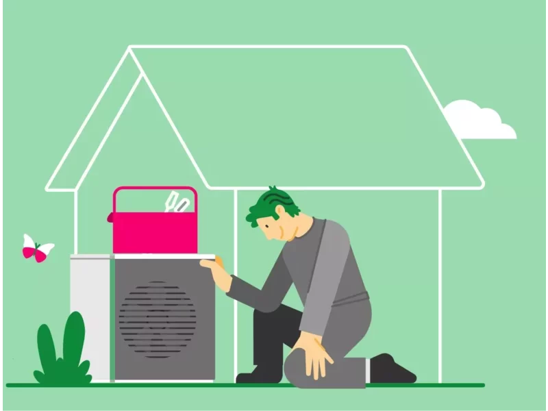 Illustration: Handwerker installiert Wärmepumpe von Haus der Energie vor einem Haus