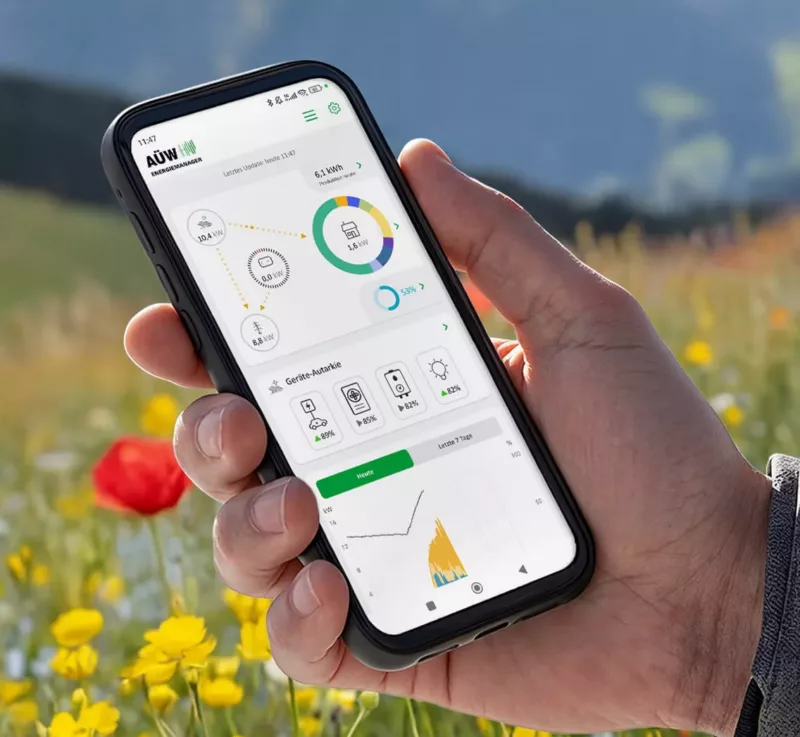 HEMS: Energiemanager-App von Haus der Energie auf Smartphone zur Überwachung von Photovoltaik, Verbrauch und Speicher